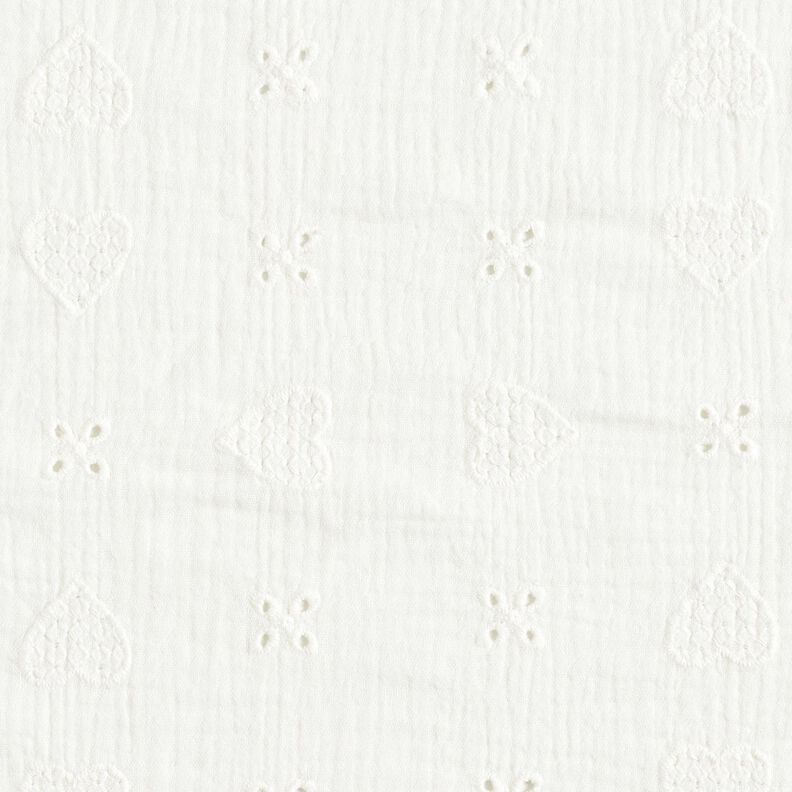 Mušelín / dvojitá mačkaná tkanina Dírková výšivka Srdíčka – vlněná bílá,  image number 1