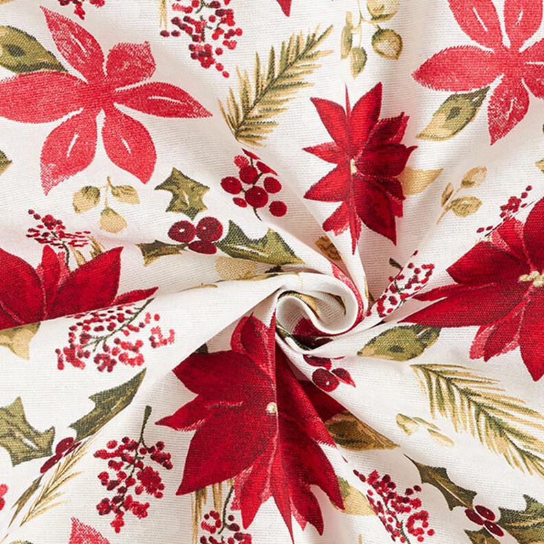 Dekorační látka Plátno Květiny poinsettie – vlněná bílá/karmínově červená,  image number 3