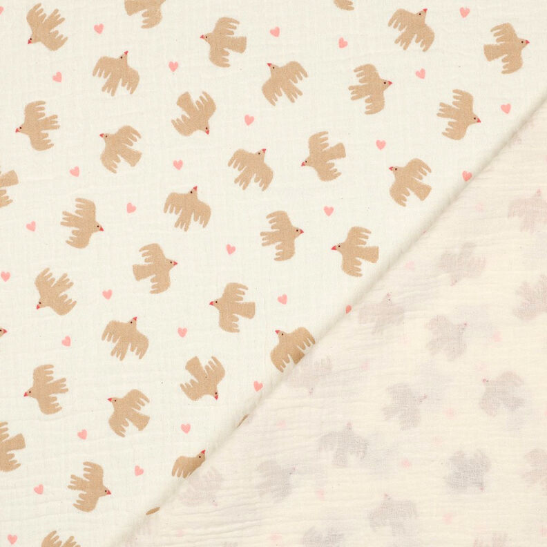 GOTS Mušelín / dvojitá mačkaná tkanina Ptáci a srdce | Poppy Fabrics – vlněná bílá, image number 5