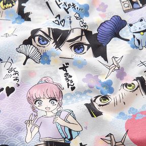 Bavlněný žerzej Svět manga digitální potisk – stříbrně šedá, 