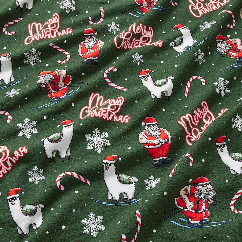 Francouzské froté letní teplákovina Santa Claus a lama | Glitzerpüppi – jedlově zelená/chili, image number 2