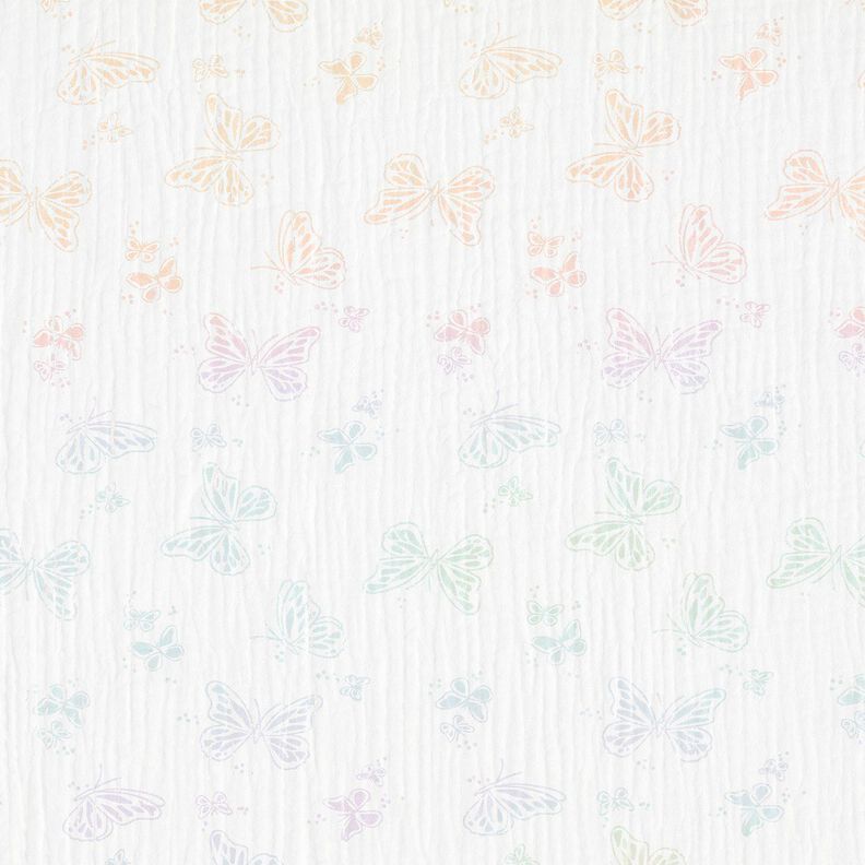 Mušelín / dvojitá mačkaná tkanina Motýli Fóliový potisk – bílá,  image number 1
