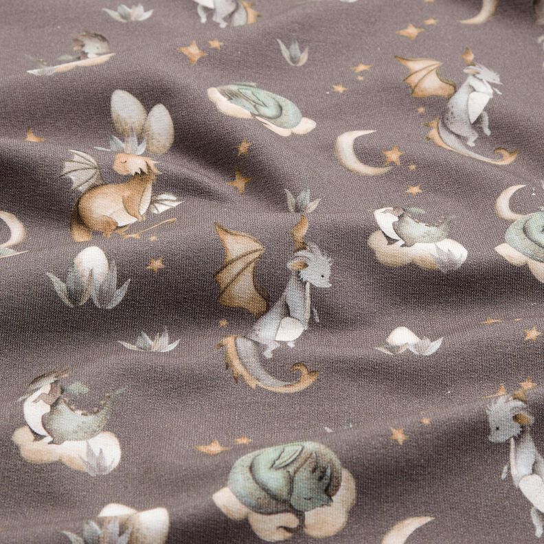 Francouzské froté letní teplákovina Roztomilí draci digitální potisk – tmavá taupe,  image number 2