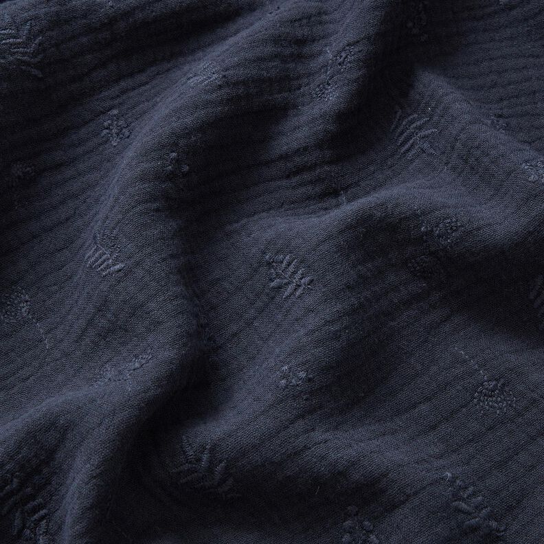 Mušelín / dvojitá mačkaná tkanina Výšivky květin a větví – namornicka modr,  image number 2