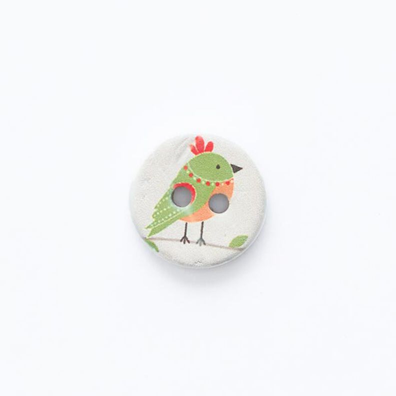 Knoflík s motivem ptáčka, 2dírkový [ Ø 15 mm ] – vlněná bílá/zelená,  image number 1