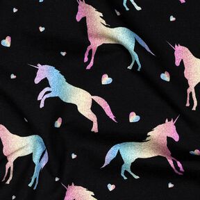 Bavlněný žerzej Duhoví jednorožci digitální potisk | Poppy Fabrics – černá, 