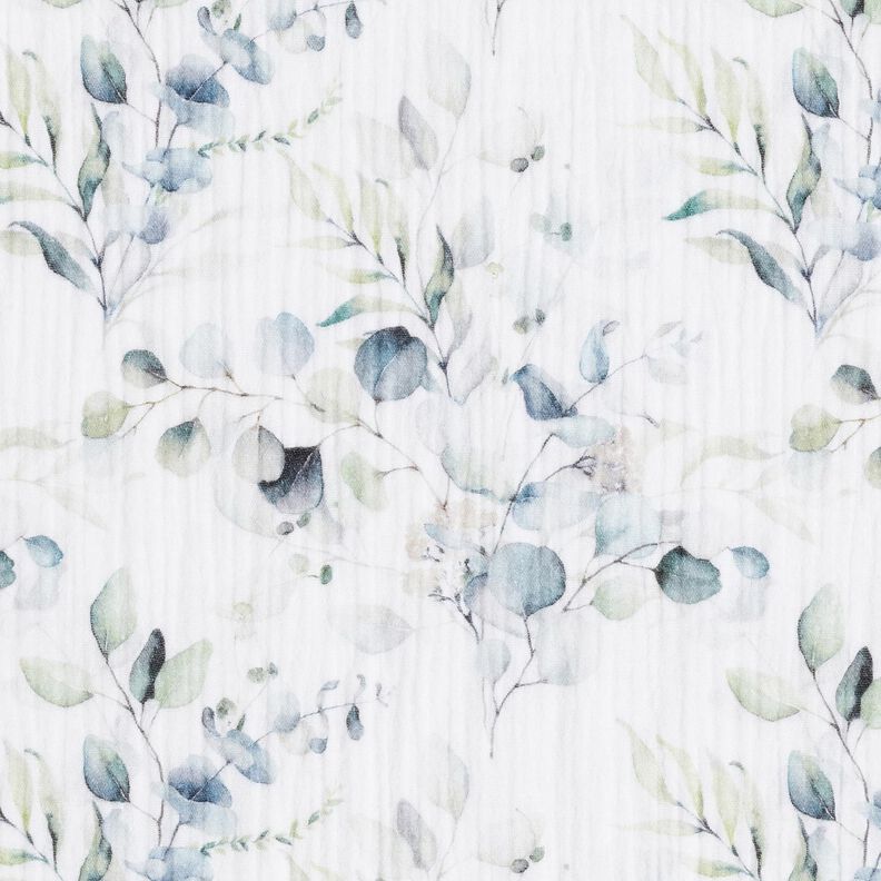 Mušelín / dvojitá mačkaná tkanina Akvarel listové úponky digitální potisk – bílá,  image number 1