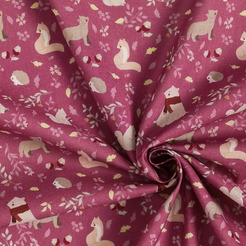 Bio bavlněný popelín Podzimní lesní zvířata – purpurová, image number 3