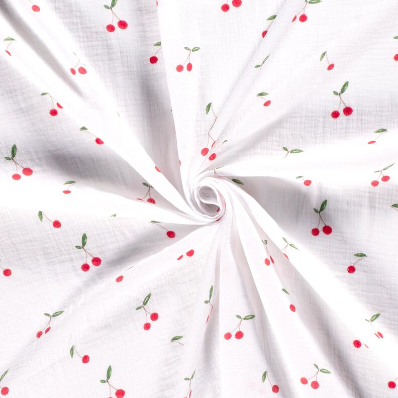 Mušelín / dvojitá mačkaná tkanina Akvarelové třešně digitální potisk – bílá,  image number 3