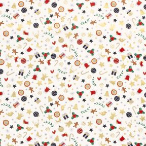 Bavlněná látka Popelín malé vánoční motivy – světle béžová/zlatá, 