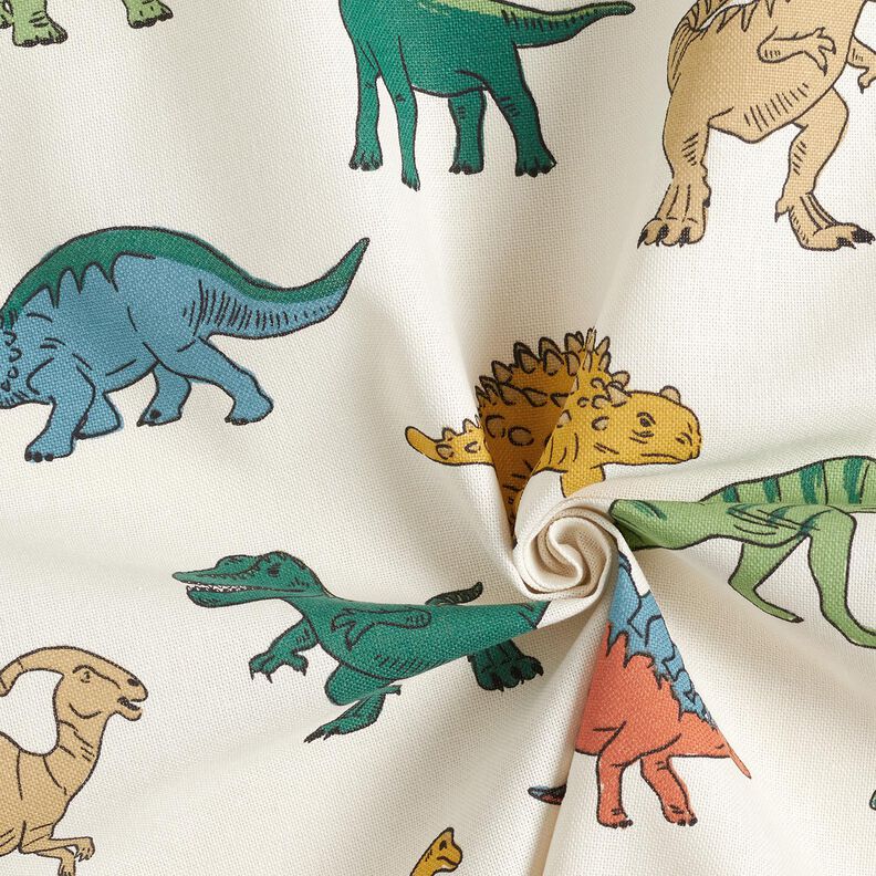 Dekorační látka Polopanama Pozoruhodní dinosauři – vlněná bílá/tmavě zelená, image number 3