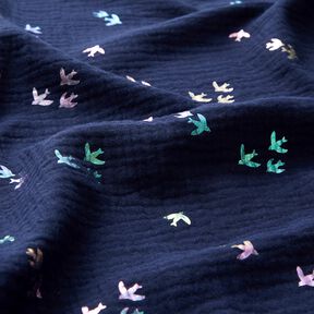 Mušelín / dvojitá mačkaná tkanina Vlaštovky Fóliový potisk | Poppy Fabrics – noční modrá/mix barev, 