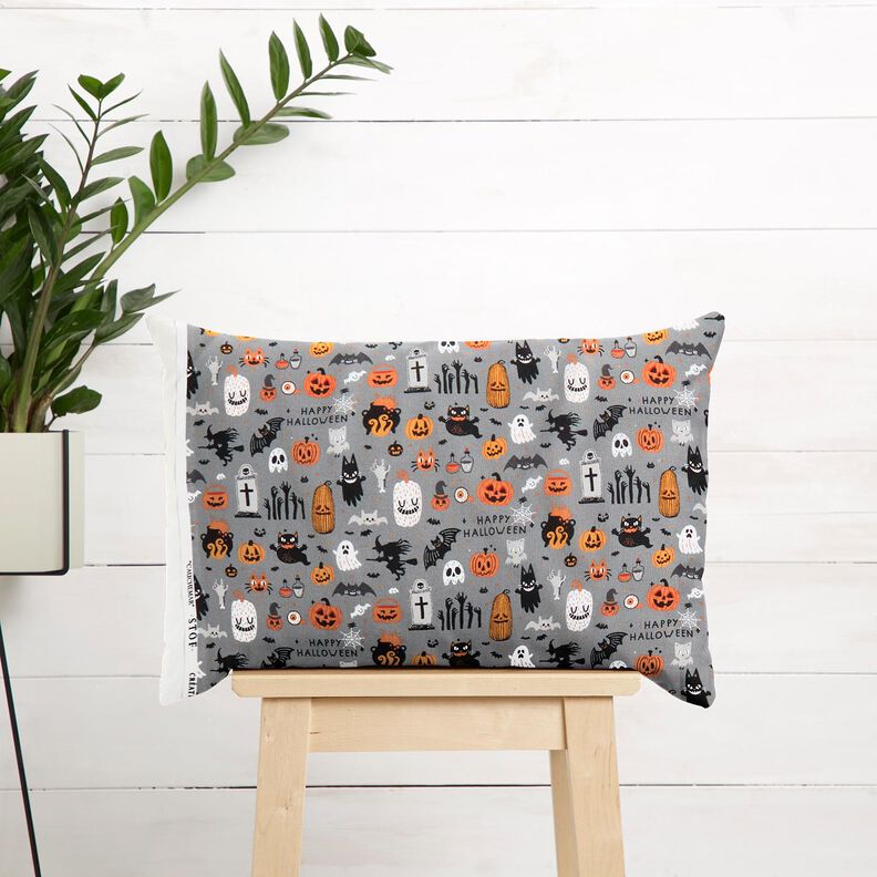 Bavlněná látka Popelín Happy Halloween – sloní šedá/světle oranžová,  image number 5