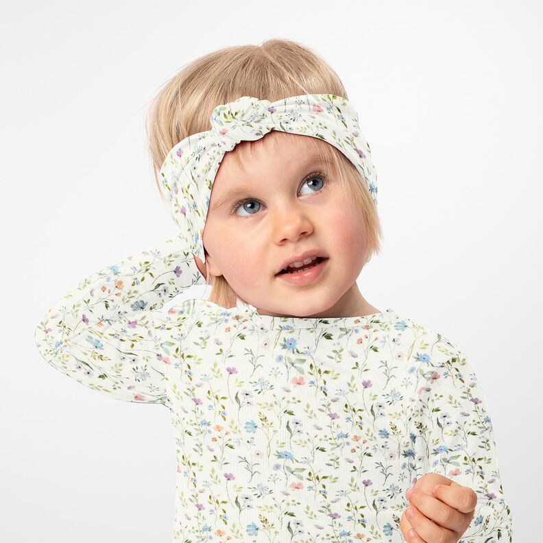 Žebrovaný žerzej Akvarelová květinová louka – slonová kost,  image number 6