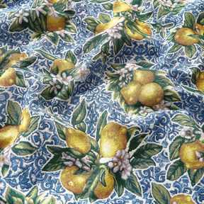 Dekorační látka Gobelín Citronový květ – modrá/zelená, 