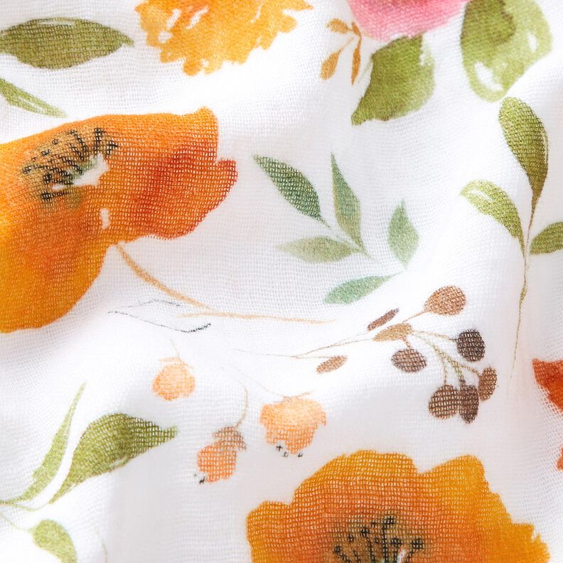 Mušelín / dvojitá mačkaná tkanina barevné akvarelové květiny digitální potisk – bílá,  image number 2