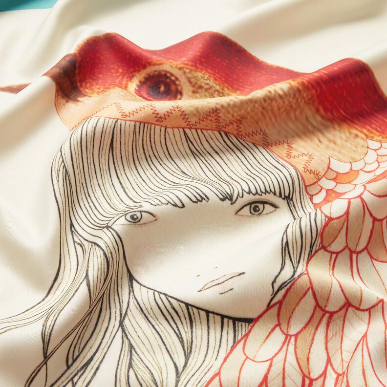 Saténový panel s ptáky a vílami | Katia Fabrics – modrá aqua/kremová,  image number 8
