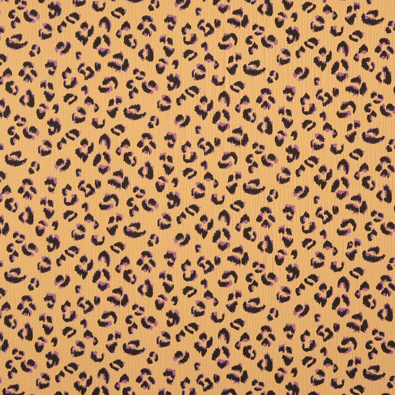 Mušelín / dvojitá mačkaná tkanina Leopard – starozlatá/červenofialková,  image number 1