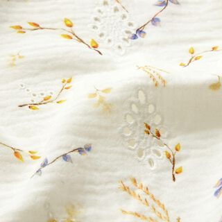 Mušelín / dvojitá mačkaná tkanina Vzor větví Dírková výšivka – vlněná bílá, 