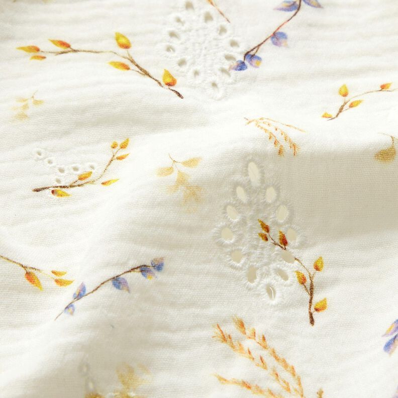 Mušelín / dvojitá mačkaná tkanina Vzor větví Dírková výšivka – vlněná bílá,  image number 2