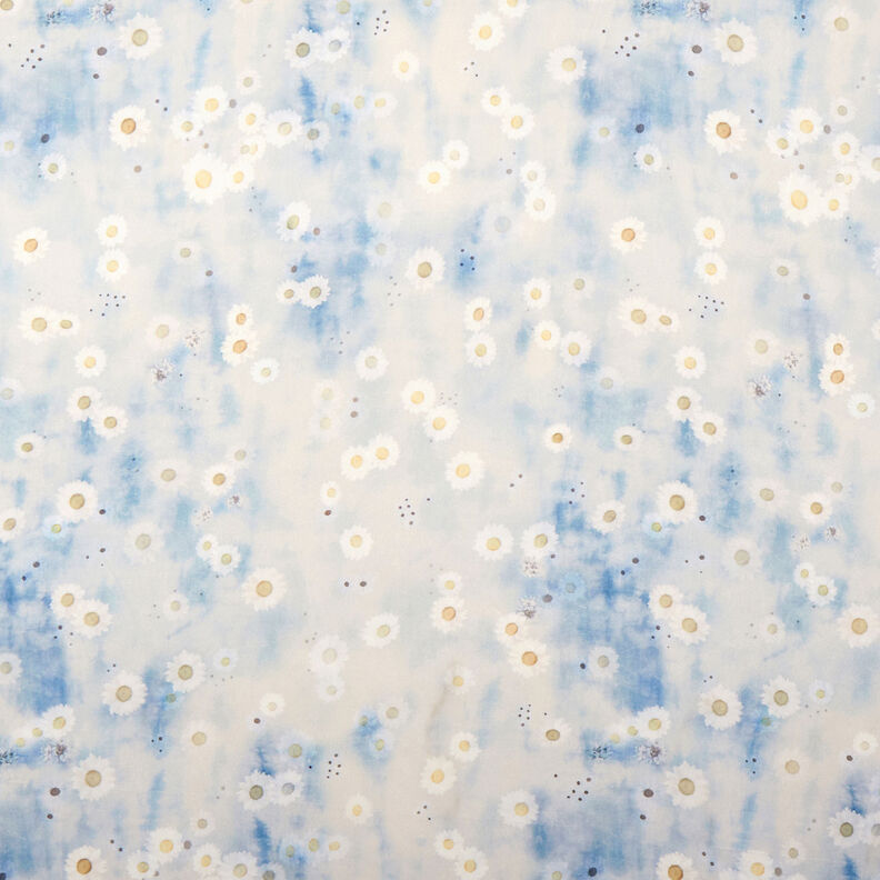 Strečový satén kopretinová batika – přírodni/světle modra,  image number 1