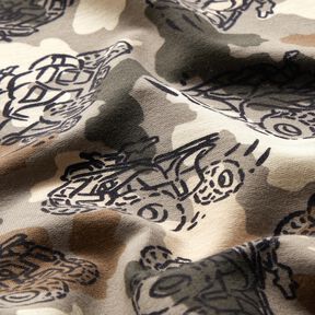 Francouzské froté letní teplákovina Maskáčové monster trucky  – taupe (šedohnědá), 