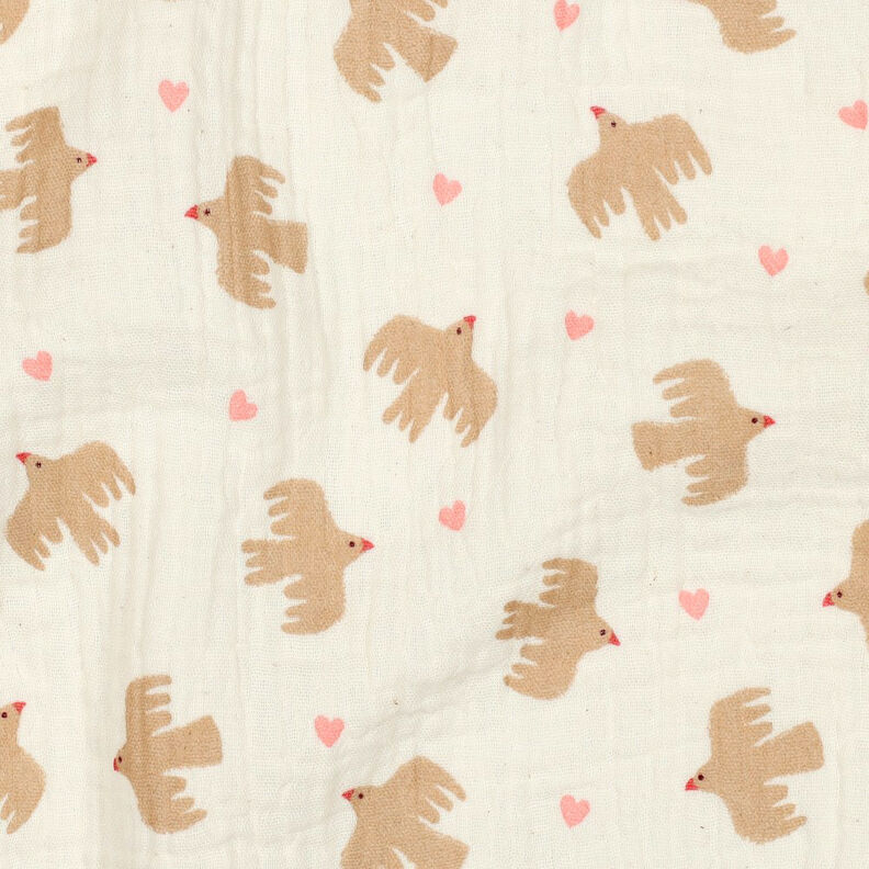 GOTS Mušelín / dvojitá mačkaná tkanina Ptáci a srdce | Poppy Fabrics – vlněná bílá, image number 3