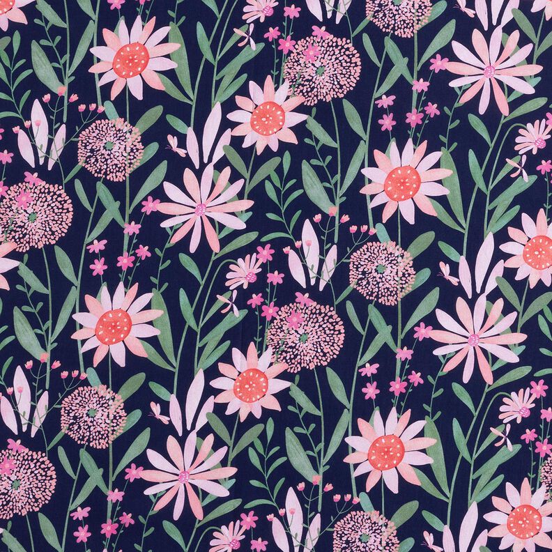 Bavlněný popelín velké luční květiny digitální potisk | Poppy Fabrics – noční modrá,  image number 1