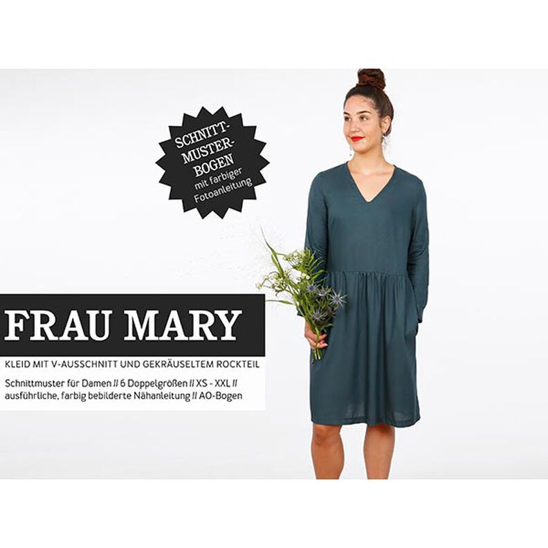 FRAU MARY – šaty s výstřihem do V a nařasenou sukní, Studio Schnittreif  | XS -  XXL,  image number 1