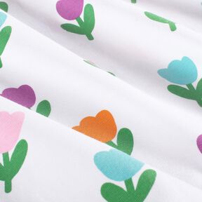 Bavlněný žerzej Stylizované tulipány – bílá/červenofialková, 