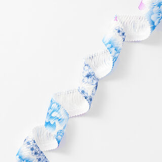 Třásňová stuha Květiny [30 mm] – bílá/modrá, 