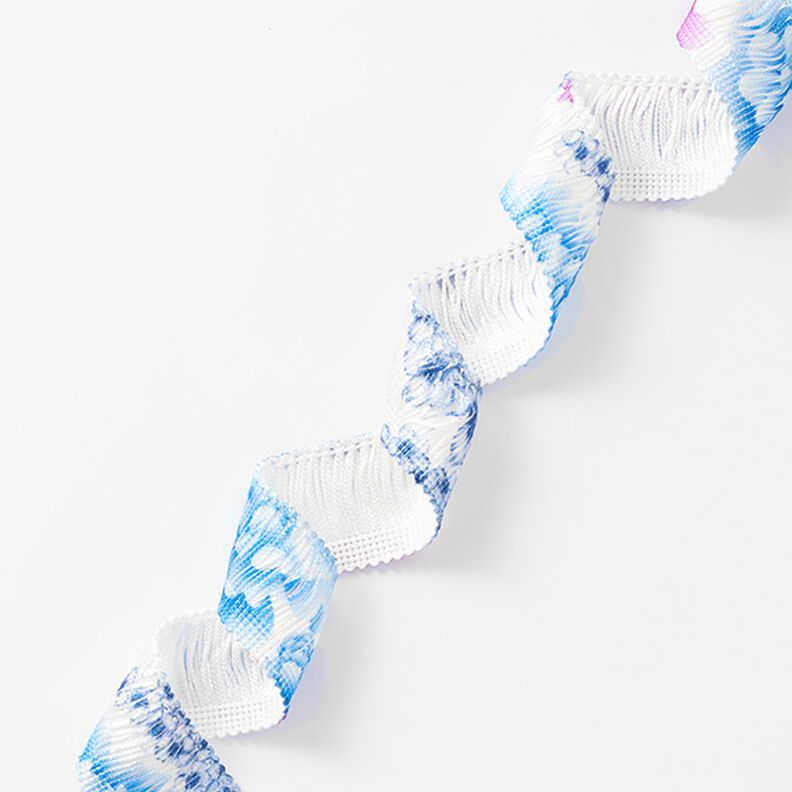 Třásňová stuha Květiny [30 mm] – bílá/modrá,  image number 1