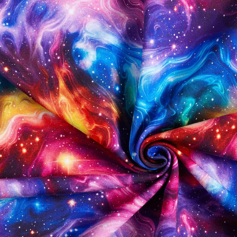 Francouzské froté letní teplákovina Galaxie digitální potisk – modrofialková/ohnivě červená, image number 3