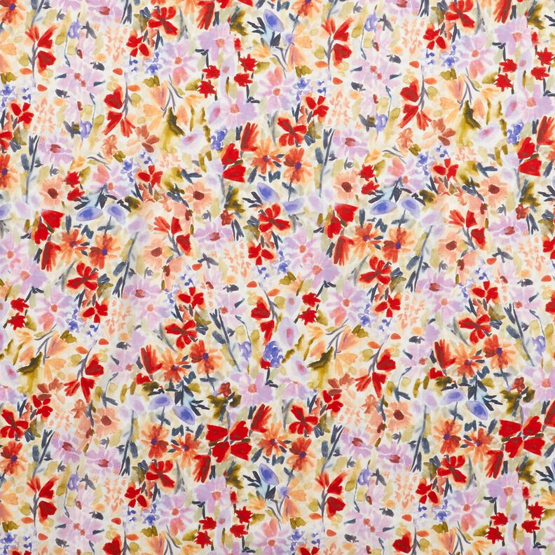 Bavlněný voál digitální tisk akvarelová květinová louka – slonová kost/červená,  image number 1