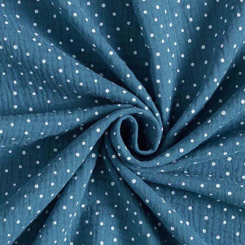 Mušelín / dvojitá mačkaná tkanina Puntíky – džínově modrá/bílá,  image number 3
