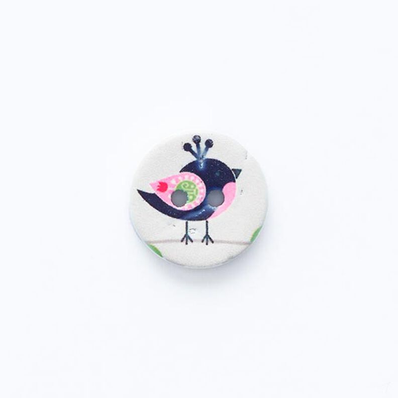 Knoflík s motivem ptáčka, 2dírkový [ Ø 15 mm ] – vlněná bílá/černá,  image number 1
