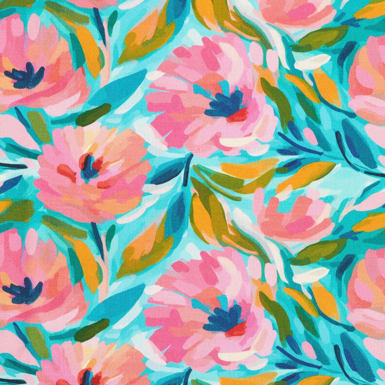 Dekorační látka Bavlněný kepr Malované květy  – růžová/tyrkysová,  image number 1
