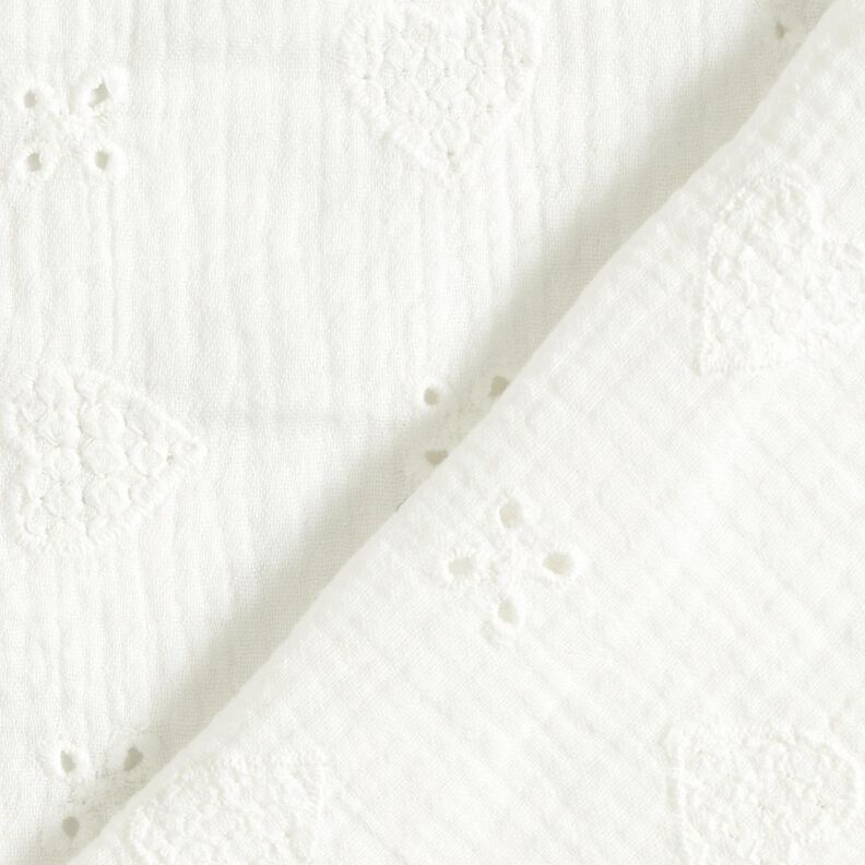 Mušelín / dvojitá mačkaná tkanina Dírková výšivka Srdíčka – vlněná bílá,  image number 4