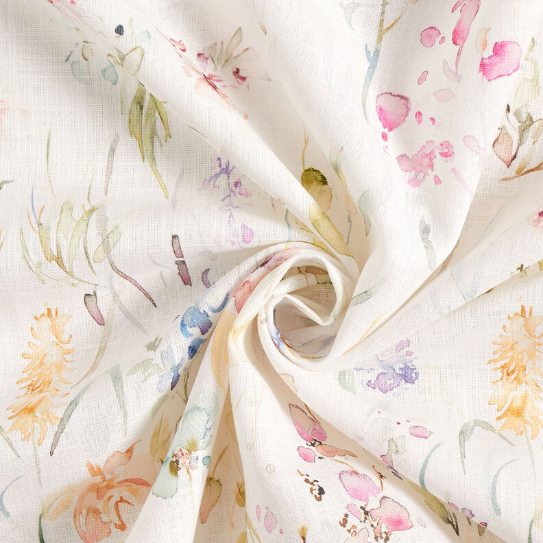 Směs len-bavlna akvarelové květiny – bílá,  image number 4