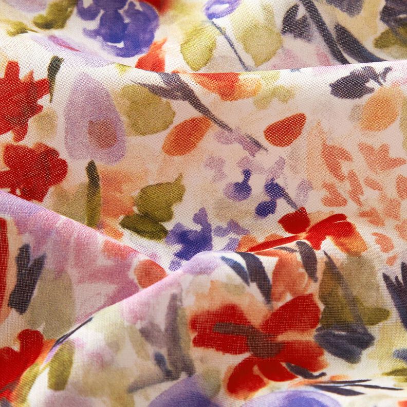 Bavlněný voál digitální tisk akvarelová květinová louka – slonová kost/červená,  image number 2