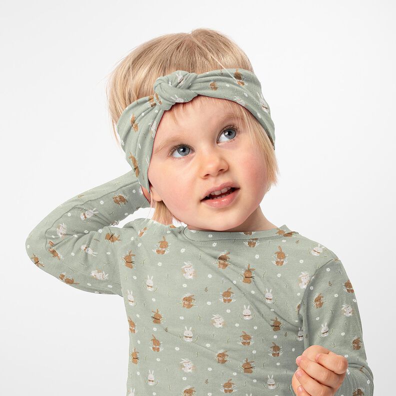 Bavlněný žerzej Roztomilí zajíčci digitální potisk – rákosove zelená,  image number 5