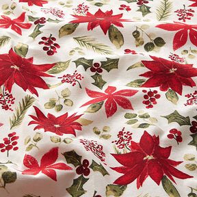 Dekorační látka Plátno Květiny poinsettie – vlněná bílá/karmínově červená, 