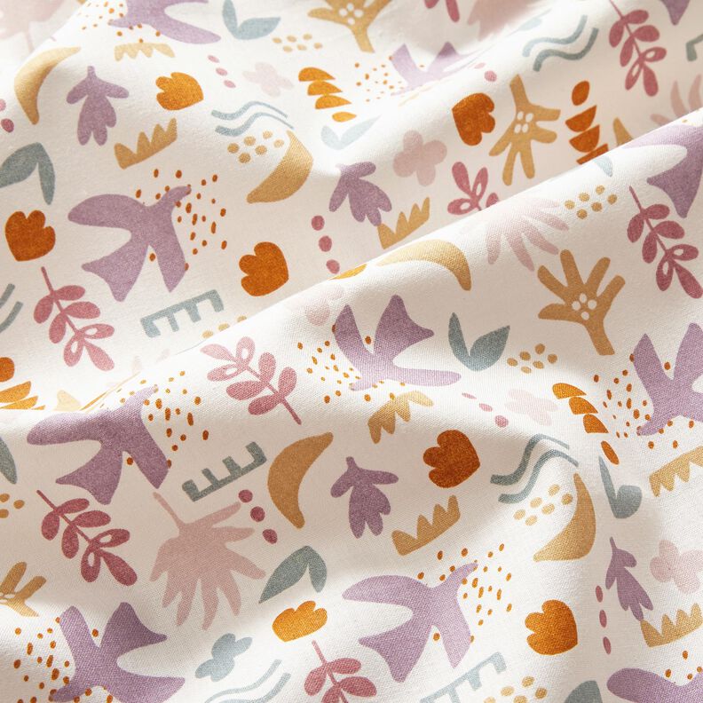 Bavlněná látka Kreton Abstraktní ptáci – vlněná bílá/pastelově fialová,  image number 2