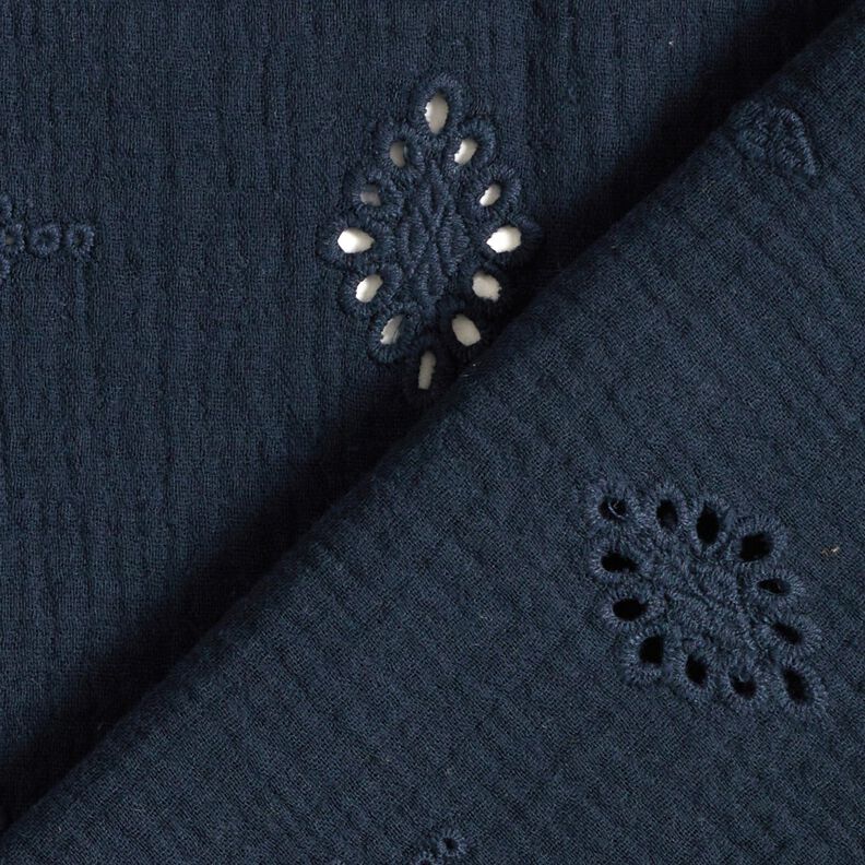 Mušelín / dvojitá mačkaná tkanina Dírková výšivka Kosočtverec – namornicka modr,  image number 4