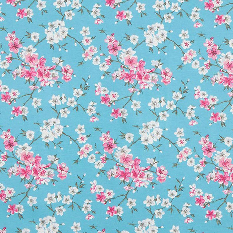 Povrstvená bavlna Třešňové květy – modrá aqua,  image number 1