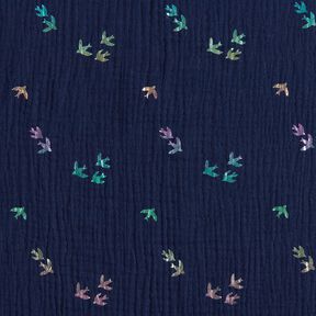 Mušelín / dvojitá mačkaná tkanina Vlaštovky Fóliový potisk | Poppy Fabrics – noční modrá/mix barev, 