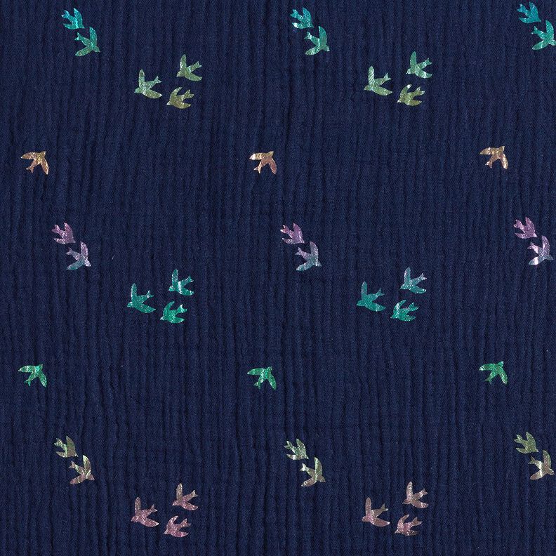 Mušelín / dvojitá mačkaná tkanina Vlaštovky Fóliový potisk | Poppy Fabrics – noční modrá/mix barev,  image number 1