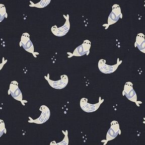 GOTS Bavlněný žerzej Tuleňi digitální potisk | Poppy Fabrics – noční modrá/sasanková, 