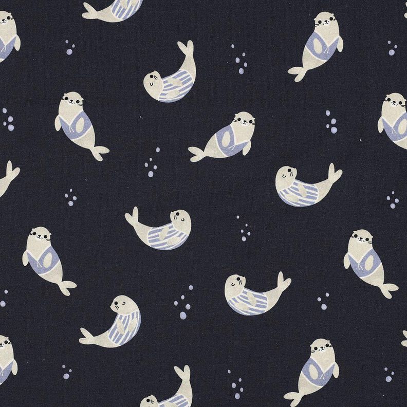 GOTS Bavlněný žerzej Tuleňi digitální potisk | Poppy Fabrics – noční modrá/sasanková, image number 1