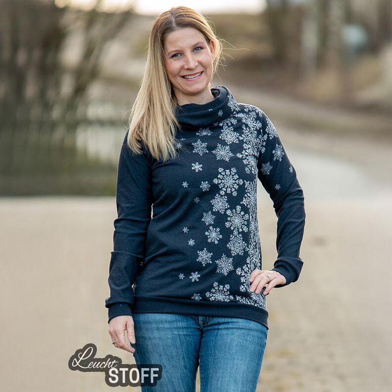 Francouzské froté letní teplákovina Ledové květy Látka s bordurou | Glitzerpüppi – noční modrá/bílá, image number 6